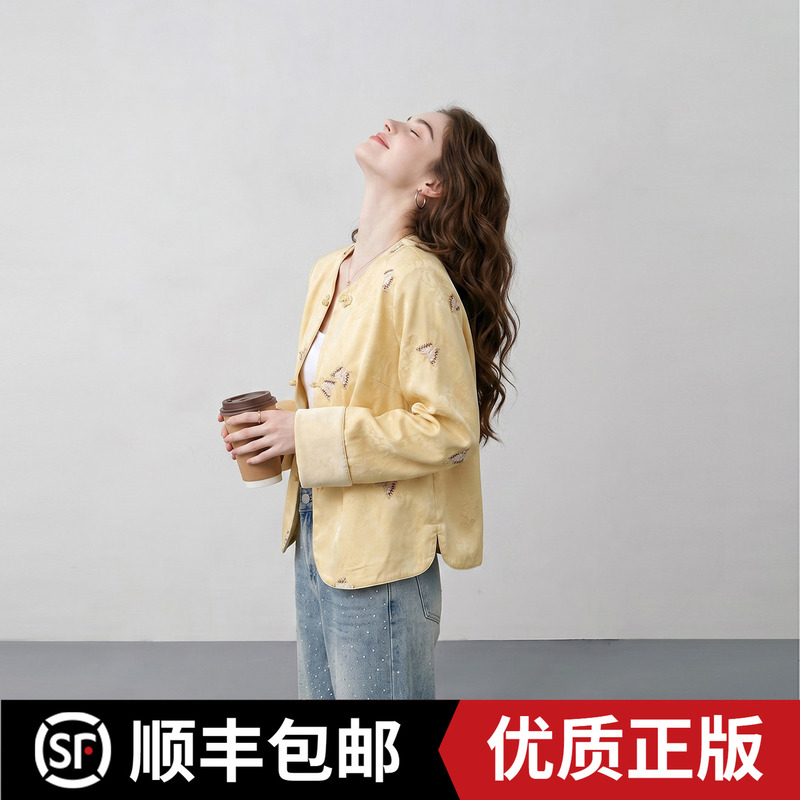 Zen-Inspired New Chinese-Style Yellow Butterfly Embroidery Round-Neck Jacket for Women, Early Autumn 2026 New Model, National Style with Button Closure, Versatile Jacket