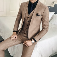 2018 Nam Hàn Quốc Slim Anh Bộ đồ kẻ sọc không bằng sắt Set Thanh niên Wedding Wedding Suit Bộ ba mảnh vest nam đẹp