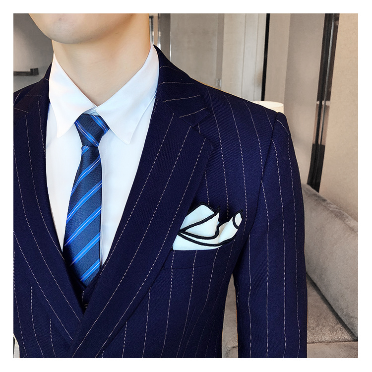 Mùa thu stylist hộp đêm khí chất đôi hàng hai khóa Slim phù hợp với nam phù hợp với đám cưới sọc ba áo len nam