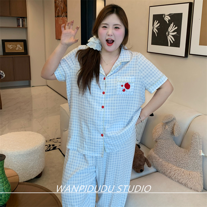 Naughty Belly Plus Size Pajamas for Fat Girls 100kg Spring New Cloud Cotton Three-Piece Set for Girls Blue Plaid Red Apple