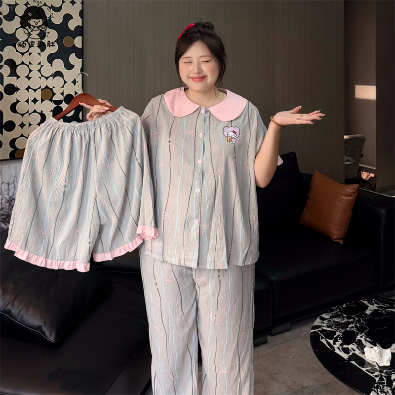Naughty Belly Plus Size Pajamas for Fat Women 100kg Summer New Three-Piece Set Cloud Cotton Pink Collar Kt Single Pocket