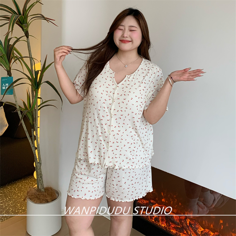 Naughty Belly Plus Size Pajamas for Fat Girls 100kg Spring New Modal with Chest Pads Short Sleeve Shorts Cherry for Teen Girls