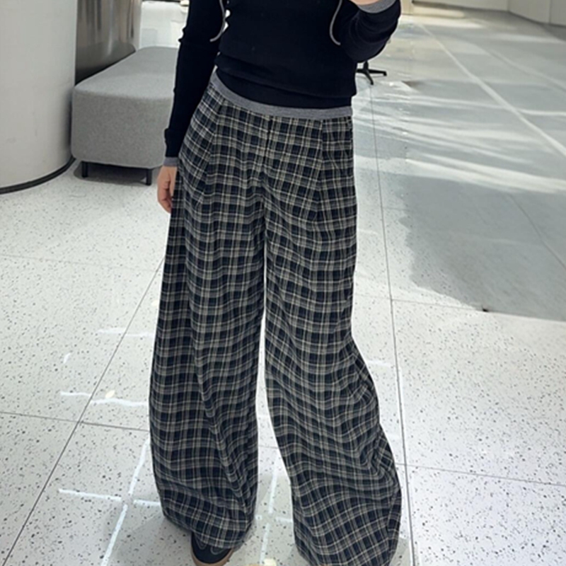 A)4109 High-Waisted Plaid Wide-Leg Pants for Women, Loose Casual Long Pants, Retro College Style Straight-Leg Pants, Black and White Checkered