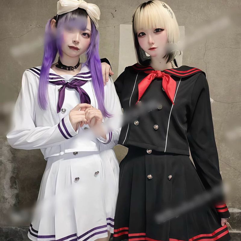 Japanese Sailor Suit Set Navy Collar Shirt Sailor Uniform Skirt Set Subculture Double-Breasted Tie Set