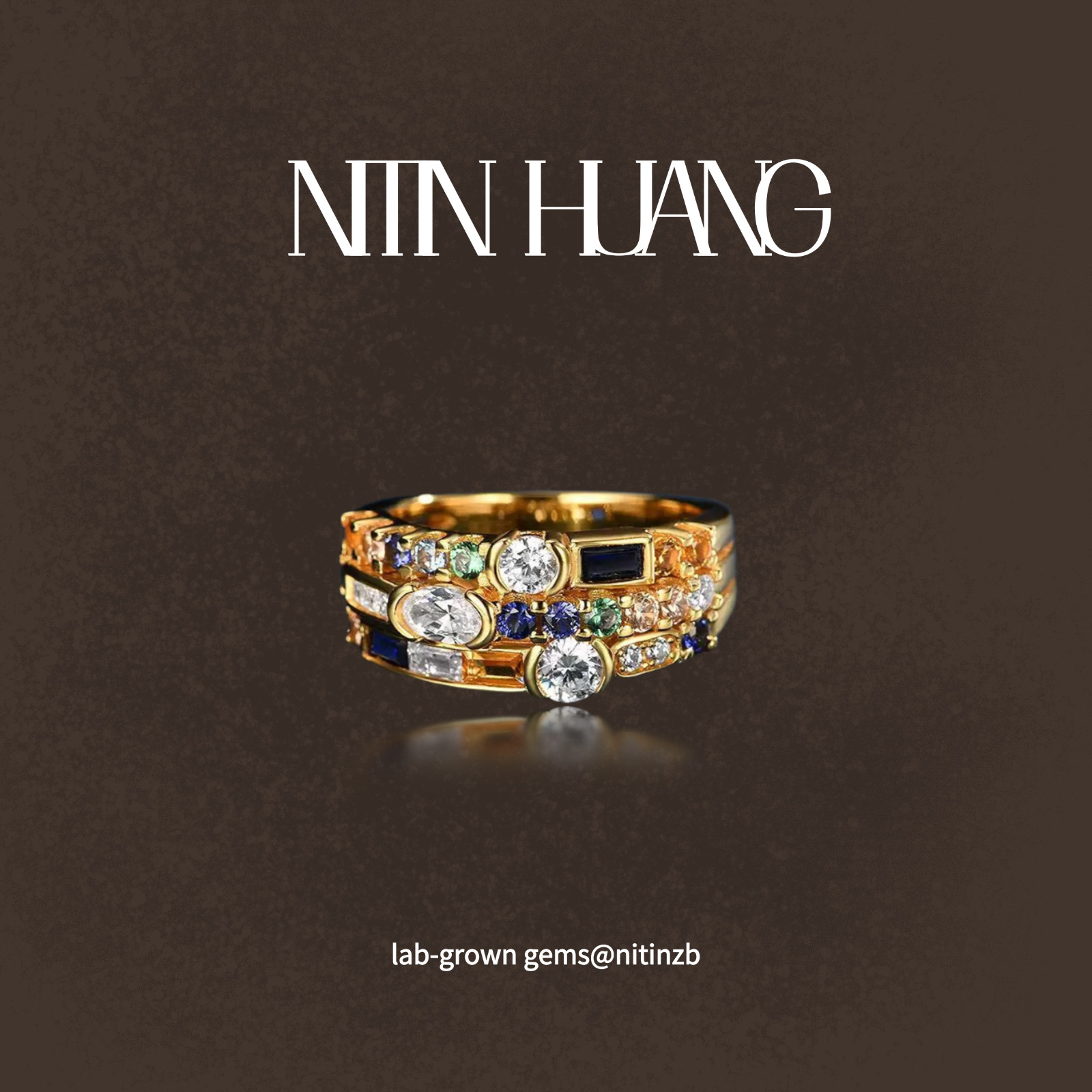 NITIN HUANG925 silver rectangular right angle flat red blue green nano retro ins trend female ring