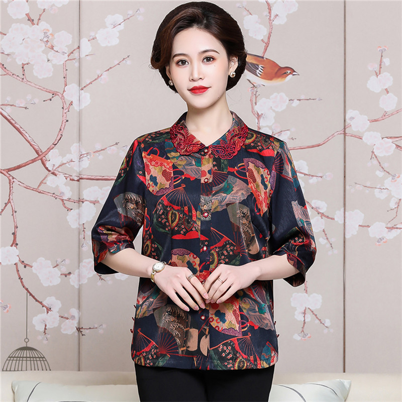 Spring and summer new middle aged mulberry silk women blouses foreign pine silk emulation silk 50-year-old mother grandma middle sleeve T-shirt