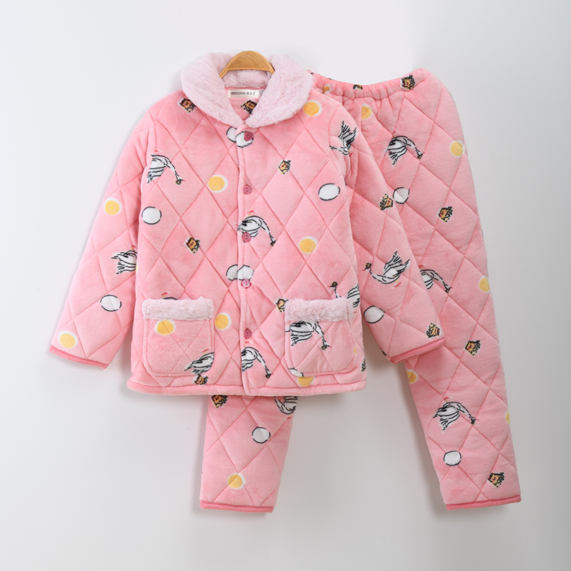 Autumn and winter women's pajamas winter thickened coral fleece three-layer quilted plus velvet flannel warm winter homewear