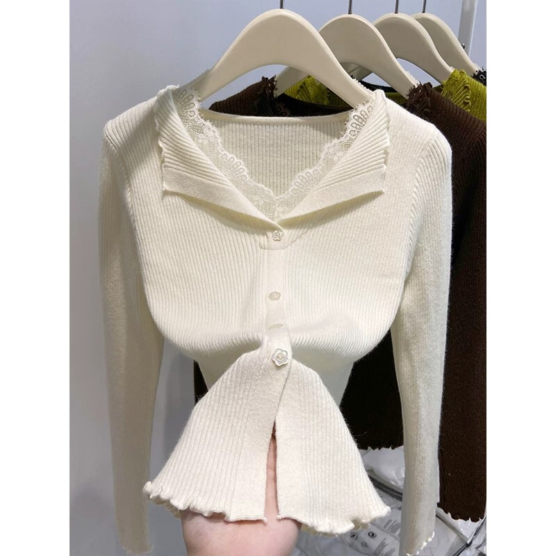 French-Style Lace V-Neck Spliced Ruffle Long-Sleeve Knit Top for Women, 2026 Spring New Slim-Fit Base Shirt French-Style Lace V-Neck Spliced Ruffle Long-Sleeve Knit Top for Women, 2026 Spring New Slim-Fit Base Shirt