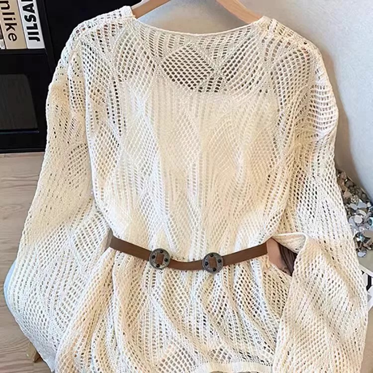 Lazy Style Hollow-Out Cardigan Long-Sleeved Women's Knitwear Spring and Summer Loose Korean Style Pullover V-Neck Sun Protection Thin Top