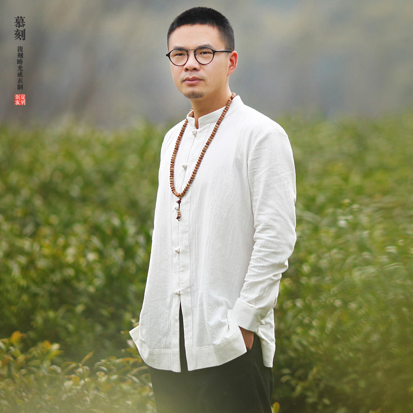 Chinese style original cotton linen collar men's disc buckle long sleeve shirt spring and autumn casual lining retro national wind men's clothing