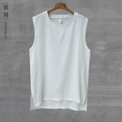 Cotton and linen sleeveless tank top, plus-size sweatshirt, men's Chinese-style loose, thin round-neck T-shirt, waistcoat, Chinese-style linen short-sleeved