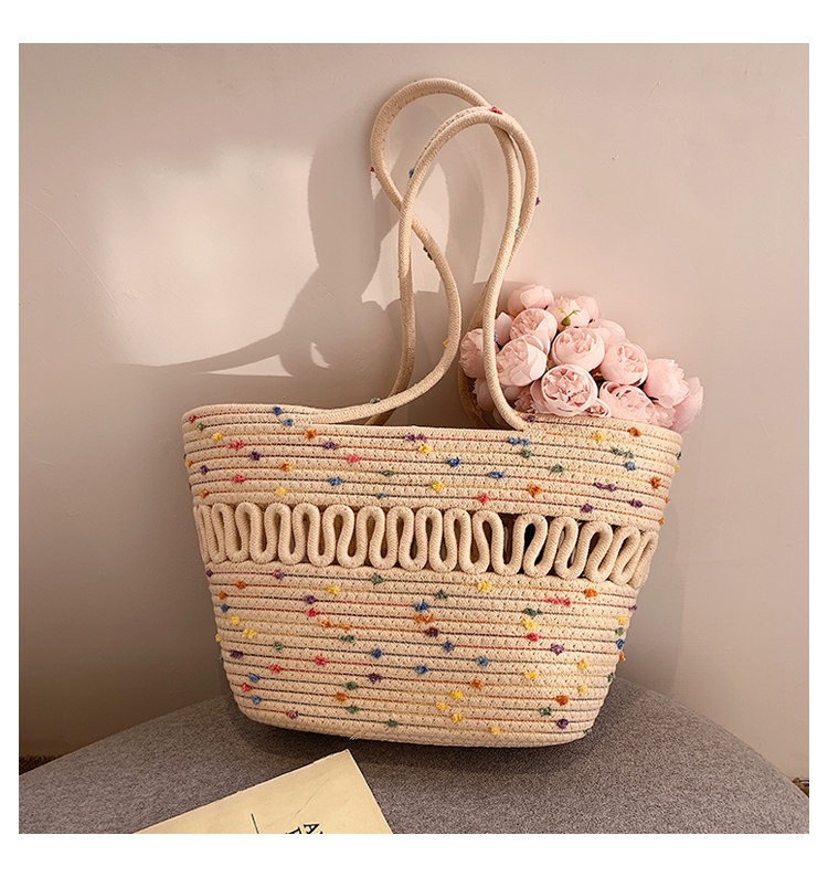 Cotton Material Polka Dots Pattern Women's Medium Spring&summer Cotton Fashion Straw Bag