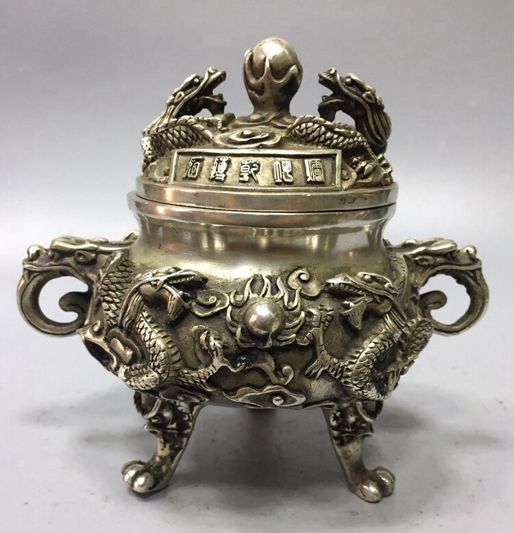 White Bronze Incense Furnace Pure Copper Kowloon Furnace Twin Dragon Drama Pearl Furnace Pure Copper Lavender Furnace Ancient Play Collection