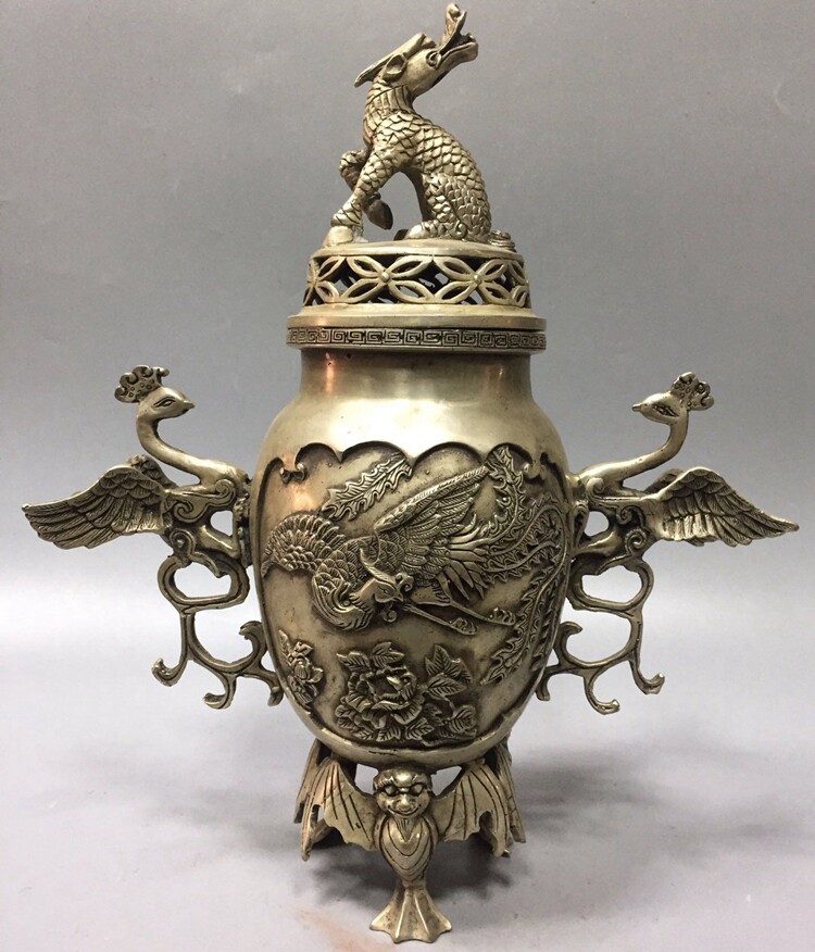 Antique pure copper collection Fine bronze Handmade home decoration Brass white copper silver-plated Phoenix vase incense burner