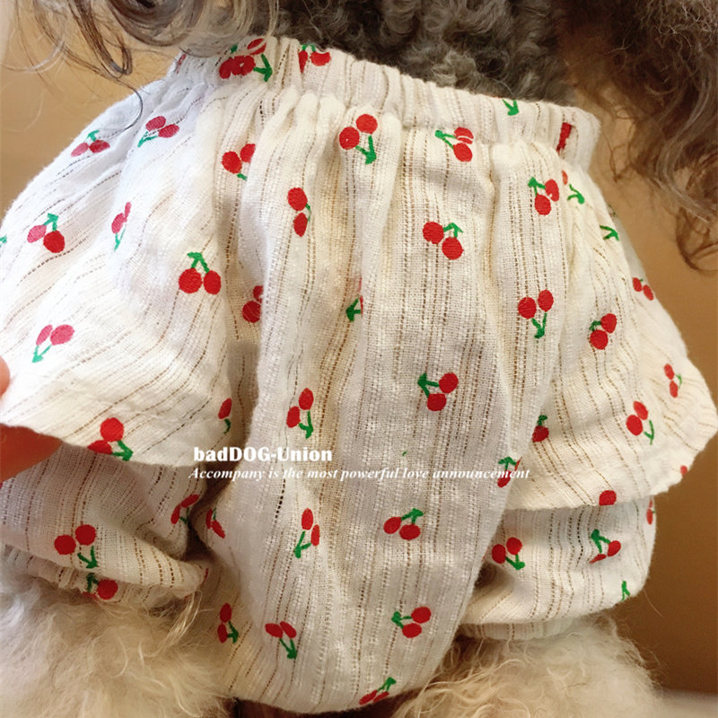 Pet Autumn Cotton Linen Small Cherry Sleeveless Vest Teddy Bear Cat Autumn and Winter Cherry Clothes Net Red Cat Clothes