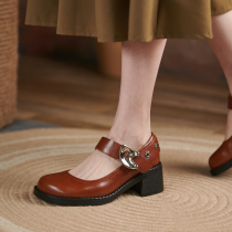 Round head college style retro Velcro Mary Jane shoes 2021 Spring and Autumn new all-match shoes Brown small leather shoes women