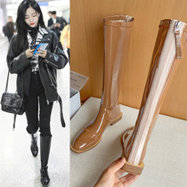 f home high boots brown patent leather boots women Net red thin boots leather flat 2021 New Wild Knight boots