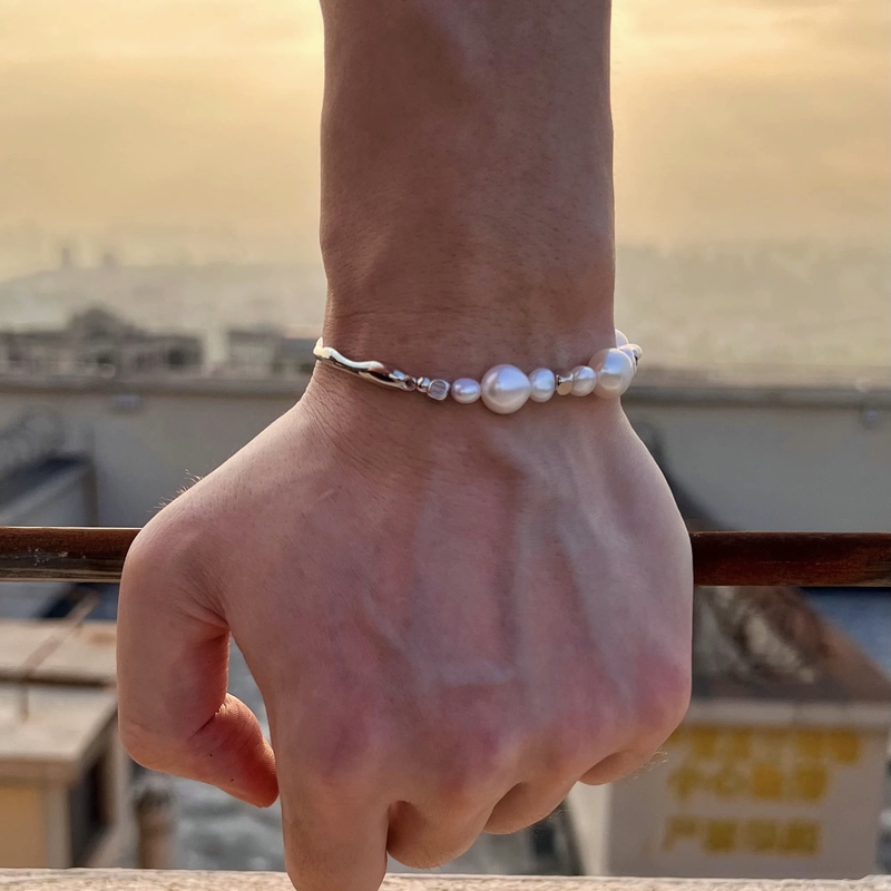 Men's and Women's White Gold Half Bracelet with Irregular Baroque Pearls, Natural Freshwater Real Pearl Bracelet