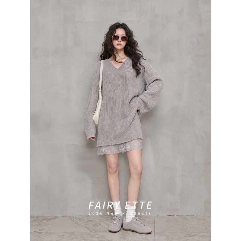 Fairy Ette Gray Lace Spliced Knitted Dress, Loose and Lazy Mid-Length Style, Can Be Worn Outside or as an Inner Layer with a Sweater Dress