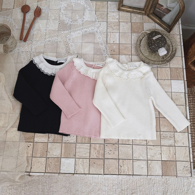 Children's Sweater with Lace Collar, Pullover Base Shirt, New Autumn and Winter Style, Girls' Pure Cotton Knitted Sweater, Korean Style for Young Children Children's Sweater with Lace Collar, Pullover Base Shirt, New Autumn and Winter Style, Girls' Pure Cotton Knitted Sweater, Korean Style for Young Children
