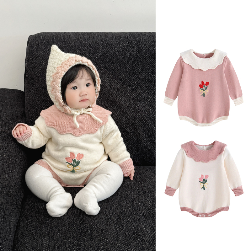 ins Style Baby Sweater for Spring and Autumn, Knitted Romper for Baby Girls, Sweet Collared Infant Jumpsuit, Knitwear