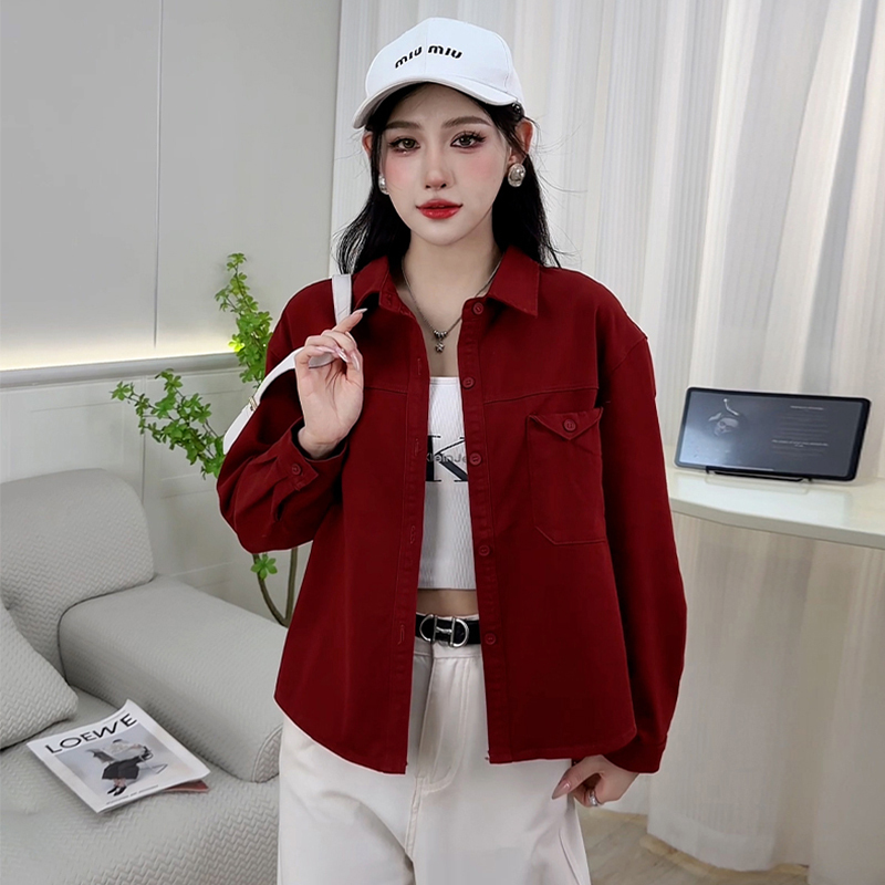 Burgundy Pure Cotton Jacket for Women 2026 New Spring and Autumn Denim Shirt Women's Top Long-Sleeve Thin Style Women's Clothing