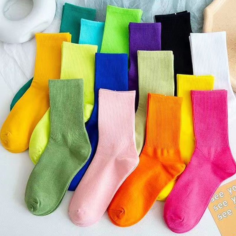 Children's Candy-Colored Mid-Calf Socks for Spring, Summer, and Autumn, Dopamine Solid Color Cotton Socks for Men, Women, Adults, and Kids, Thin Colorful Socks