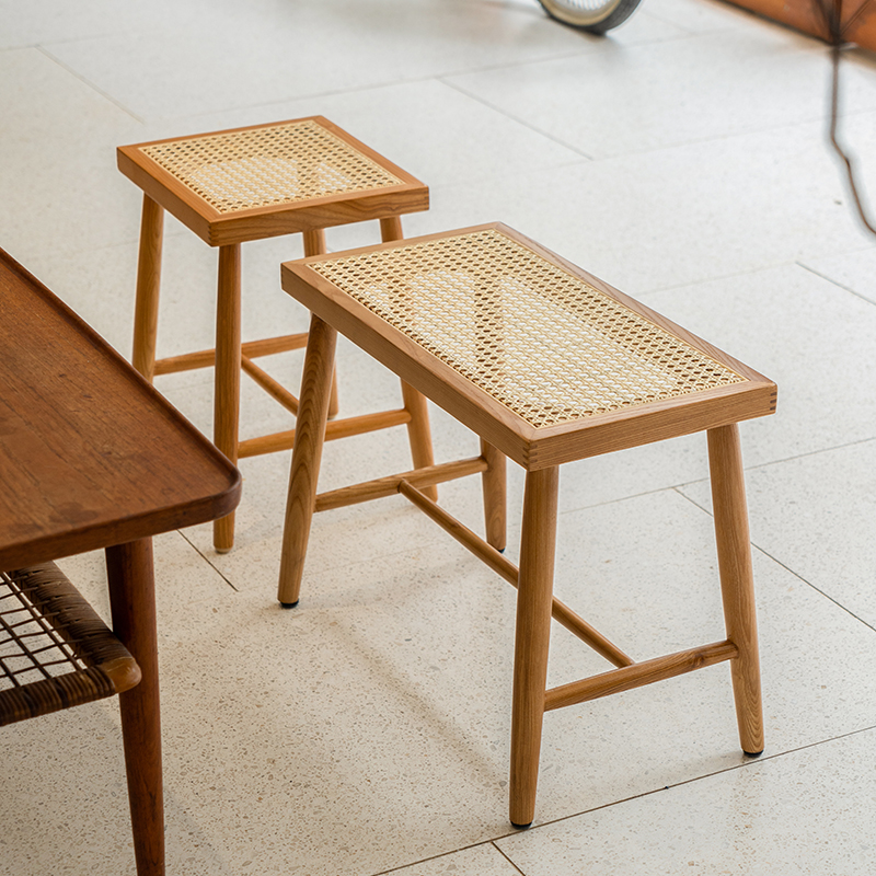 Solid wood rattan chic stool Nordic minimalist modern short stool day style retro dining stool dining hall web red ins log stool