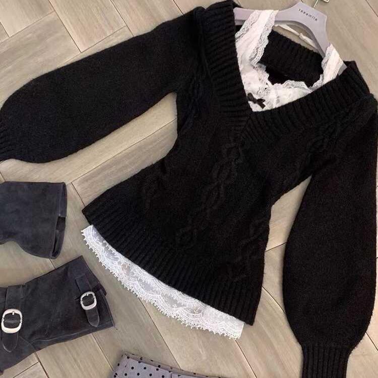 Black Waist-Cinching V-Neck Sweater for Women, Autumn Design Knitted Top