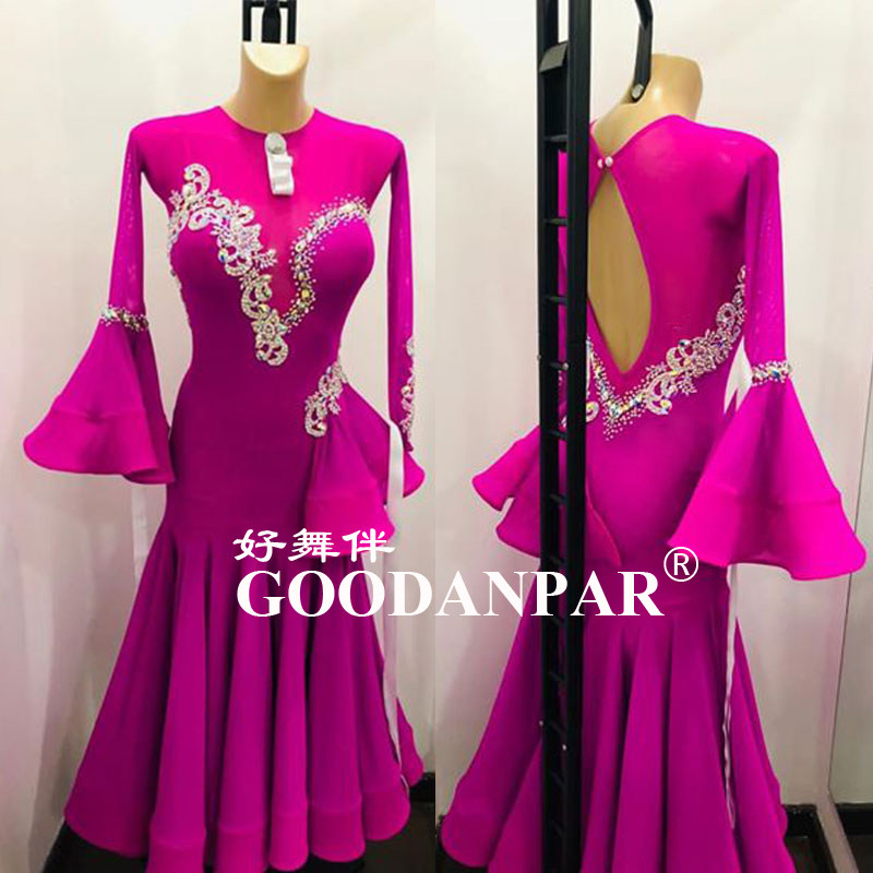 Good dance companion GOODAANPAR Morden race suit with trumpeter lotus leaf cuff overdraft back long sleeve rose red
