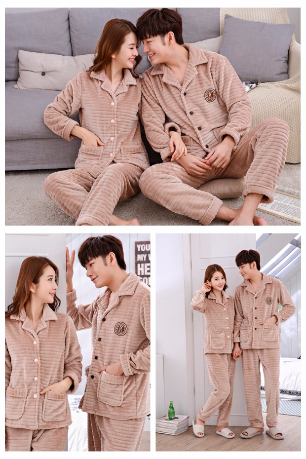 Mùa xuân và mùa thu và mùa đông mỏng đôi flannel cộng với đồ ngủ nhung đôi nam nữ và lông cừu không sắc đồ bộ thun