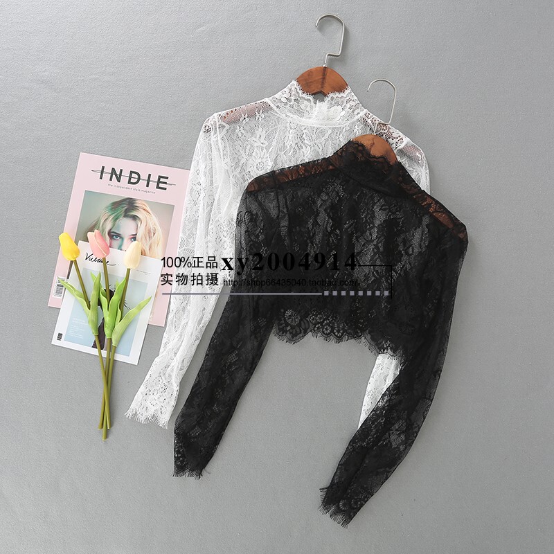 High-Neck Sheer Lace Blouse for Women, New Autumn Korean Style Slim Fit, Slightly Sexy Inner Layer, Short Autumn Top