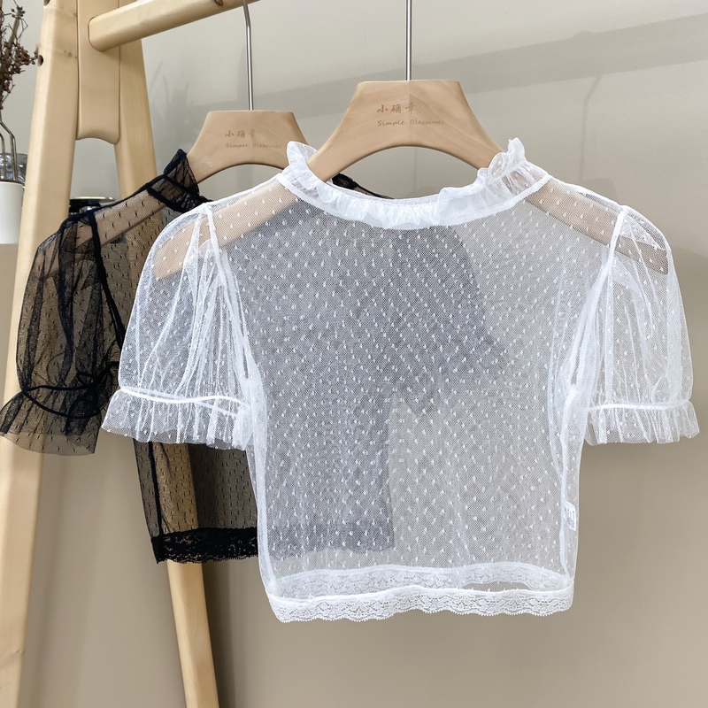 Short Mesh Undershirt for Women, Summer Black Short-Sleeve T-Shirt, Camisole Dress Inner Layer, Sheer Transparent Tight Lace Top
