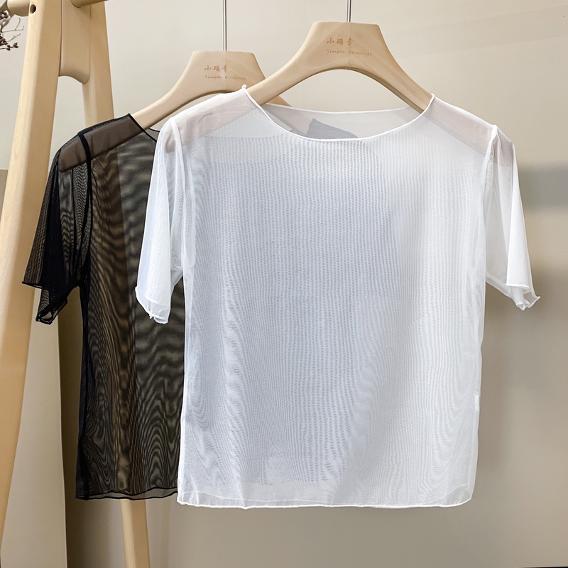 24 Summer and Autumn Base Layer Shirt for Women, Korean Style Versatile Short-Sleeve T-Shirt Top, Lace Inner Layer with Mesh Overlay, Sun Protection Shirt 24 Summer and Autumn Base Layer Shirt for Women, Korean Style Versatile Short-Sleeve T-Shirt Top, Lace Inner Layer with Mesh Overlay, Sun Protection Shirt