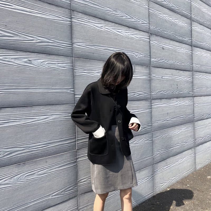 Mũi áo đen nhỏ tự chế Nizi nữ ngắn đoạn mùa thu và áo len mùa đông Áo len đơn ngực áo khoác nhẹ nữ