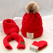 Three-piece set of childrens hats scarves warm knitted hats baby boys and girls woolen hats Tide