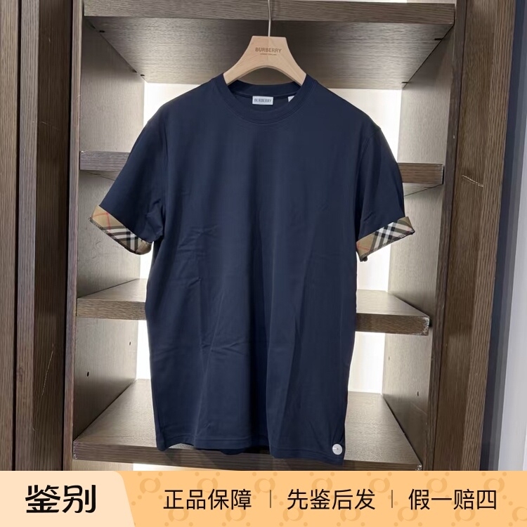 Burberry Men's Plaid Cuff T-Shirt Short-Sleeve Versatile European and American Style Solid Color Pure Cotton for Daily Wear Burberry Men's Plaid Cuff T-Shirt Short-Sleeve Versatile European and American Style Solid Color Pure Cotton for Daily Wear