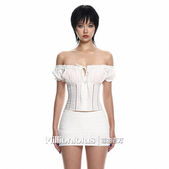 Lotus's million white one shoulder puff sleeve drawstring tunic top hook stitched heavy hip cover skirt pure lust style