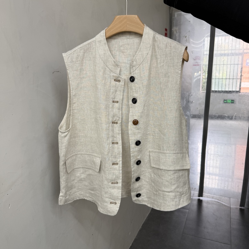 European Style 2026 New Simple Style Stand Collar Single-Breasted Linen Women's Sleeveless Short Loose Versatile Vest Jacket