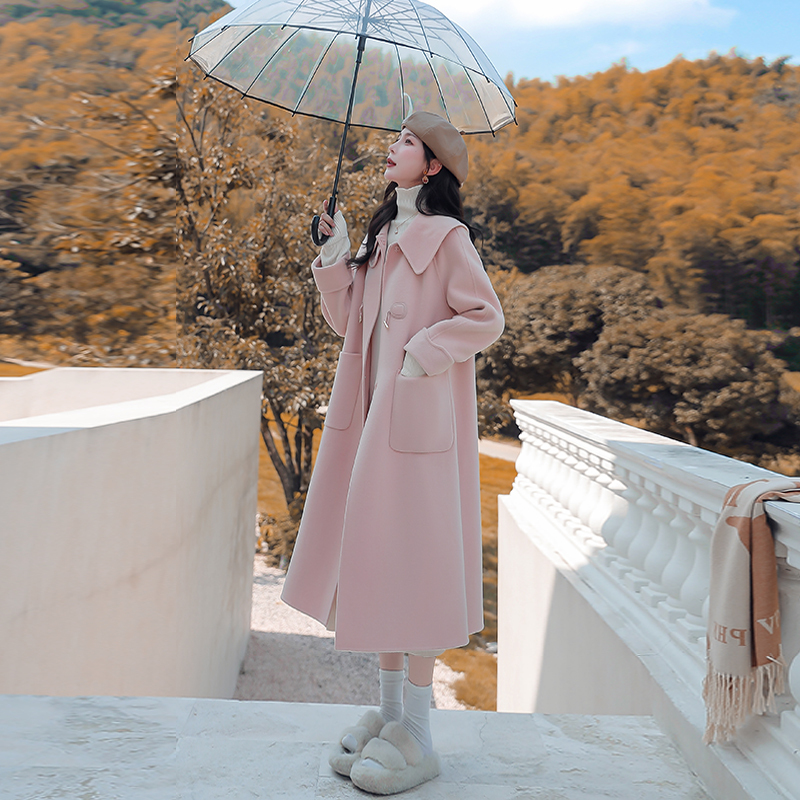 Xia Xi Mo【Winter Sweetheart】Pink Double-Sided Wool Coat for Women, Long Over-The-Knee Woolen Overcoat for Autumn and Winter Xia Xi Mo【Winter Sweetheart】Pink Double-Sided Wool Coat for Women, Long Over-The-Knee Woolen Overcoat for Autumn and Winter