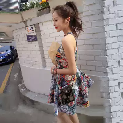 2021 summer new sweet little man fresh printed skirt waist thin sleeveless puffy suspender skirt female