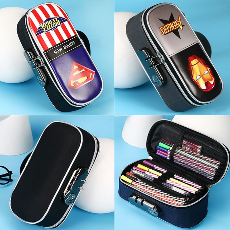 Schoolboy pencil bag Boy crossing the line of fire Double-layer large capacity pencil box Iron Man children's password lock stationery bag