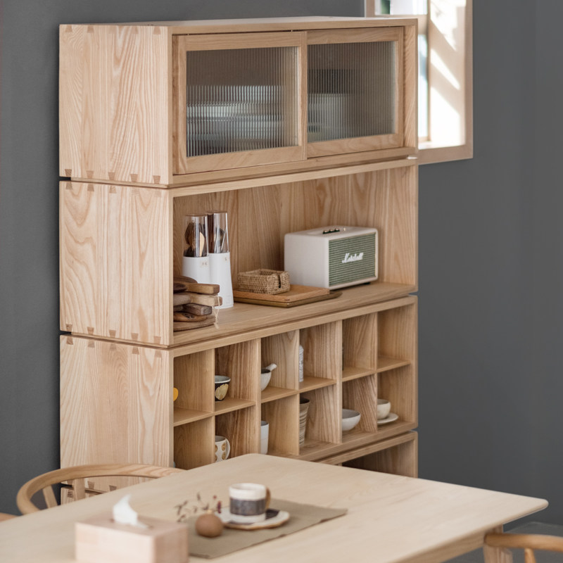 Upper multi-function combination cabinet bookshelf display rack Storage cabinet Dining cabinet Ash black walnut solid wood cabinet