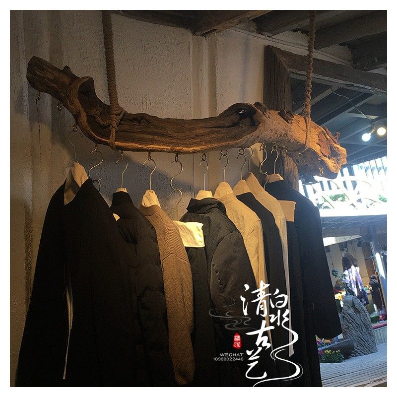 Clothing store retro solid wood hanging clothes ornaments shelf simple hook display rack display shelf