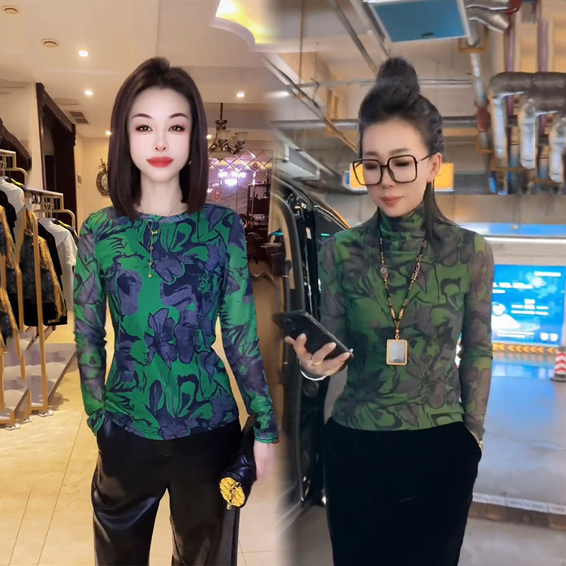 2025 Autumn New Fashionable Versatile Chinese Style Elastic Lace Mesh T-Shirt for Women Green Gradient Long Sleeve Base Shirt
