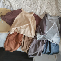 Art Fan accent 2021 autumn dress Korean Children Baby Cotton long sleeve T-shirt Contrast color bat sleeve base shirt