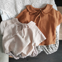 Small Jiangnan style Korean children cotton and linen solid color lapel short sleeve shirt baby loose doll shirt 2021 spring and summer