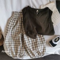 Knock on a good lap ~ artistic temperament South Korean childrens baby 2022 Summer checkered lantern anti-mosquito pants male and female child 8 sub-pants