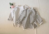 Hipster custom fabric Korean Children Baby stripes cotton long sleeve T-shirt medium long split sweater base shirt