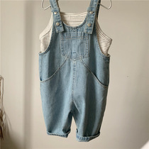 With Feels One Korean Taste Child Han Taste Retro Back Belt Pants 22 Spring Male And Female Child All-cotton Thin jeans